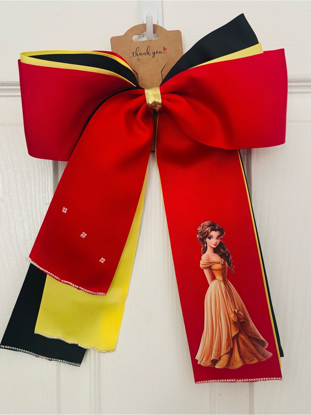 Red, Black & Yellow Kids Hair Bow with Princess Print